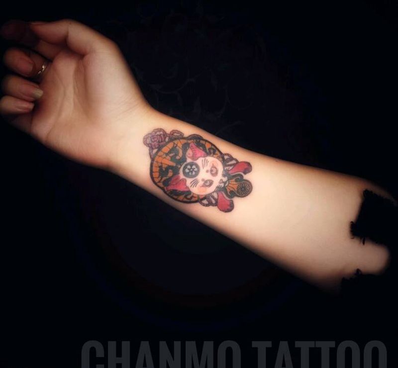 扇子猫纹身图片_手臂传统动物成品纹身图案