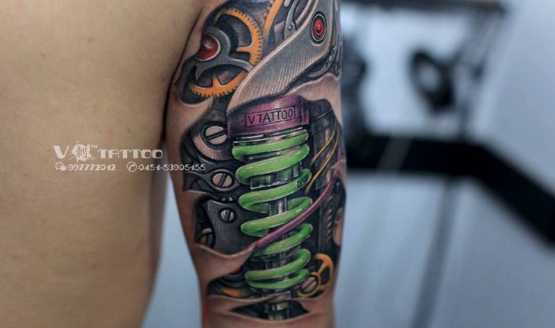 机械帝纹身图片_成品手臂欧美写实哈尔滨哈尔滨V刺3D机械肩部原创纹身图案