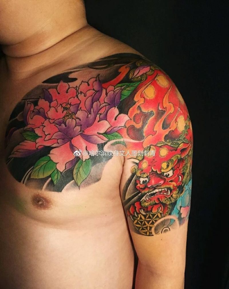 文人墨刻一辛师傅半甲唐狮纹身图片