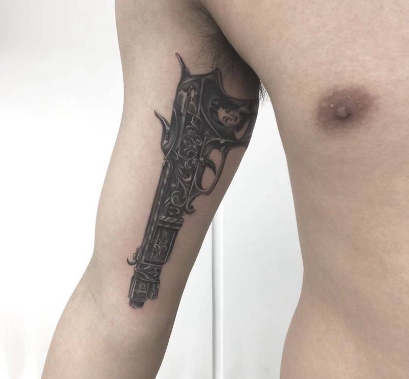 枪纹身图片_school酷炫 线条花体字成品手臂欧美原创纹身图案