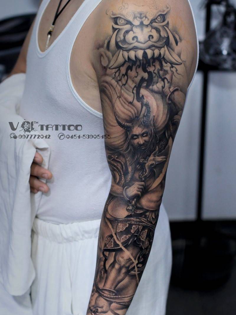 盘古未完成纹身图片_成品手臂手部传统肖像哈尔滨哈尔滨V刺阿V花臂人物纹身图案