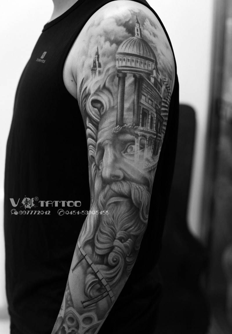 欧美花臂！纹身图片_成品阿V作品花臂肖像欧美哈尔滨3D钟表教堂肖像王子纹身图案