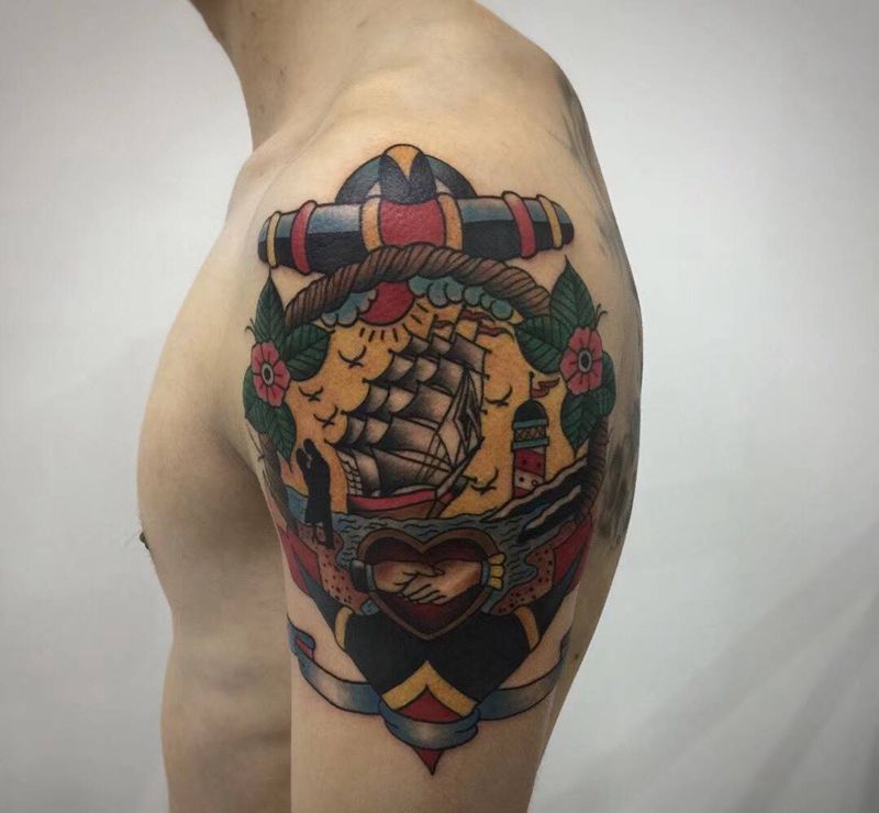 帆船纹身图片_成品手稿插画手臂欧美贴纸school旅行酷炫 线条纹身图案