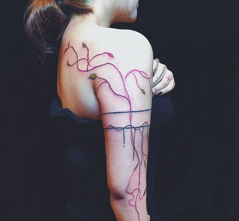 •Cane vine纹身图片_手稿插画成品肩部手臂清新植物纹身图案