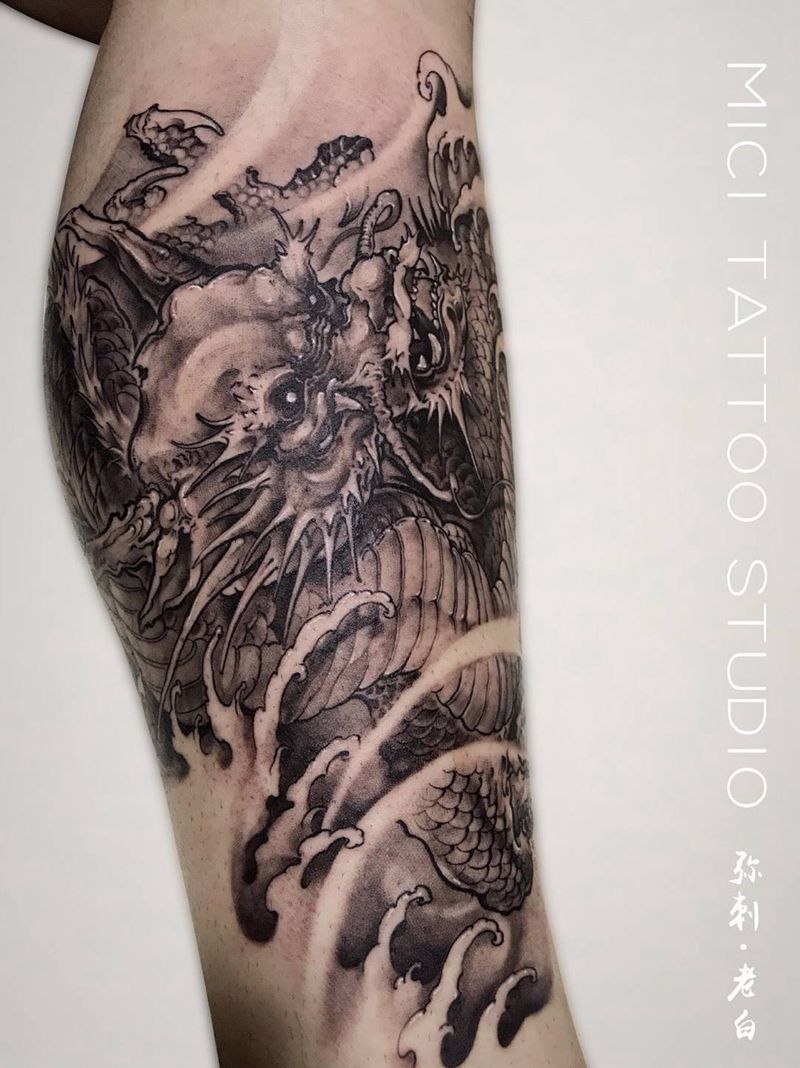 龙纹身图片_弥刺哈尔滨龙成品腿部纹身图案