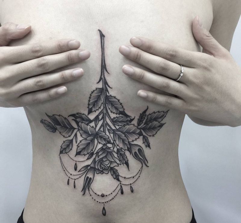 爆胸下纹身图片_成品胸部清新几何原创酷炫 线条旅行植物图腾纹身图案