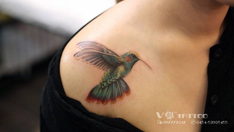 蜂鸟…纹身图片_肩部阿V作品哈尔滨性感美女V刺蜂鸟写实动物成品纹身图案