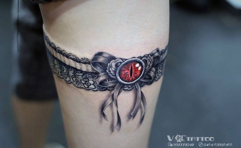 蕾丝美腿！纹身图片_腿部欧美写实原创哈尔滨V刺哈尔滨阿V3D蝴蝶结蕾丝纹身图案