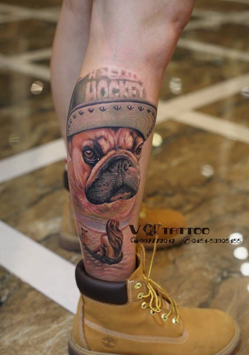爱犬人士！纹身图片_成品腿部写实动物阿V作品哈尔滨V刺肖像王子狗纹身图案