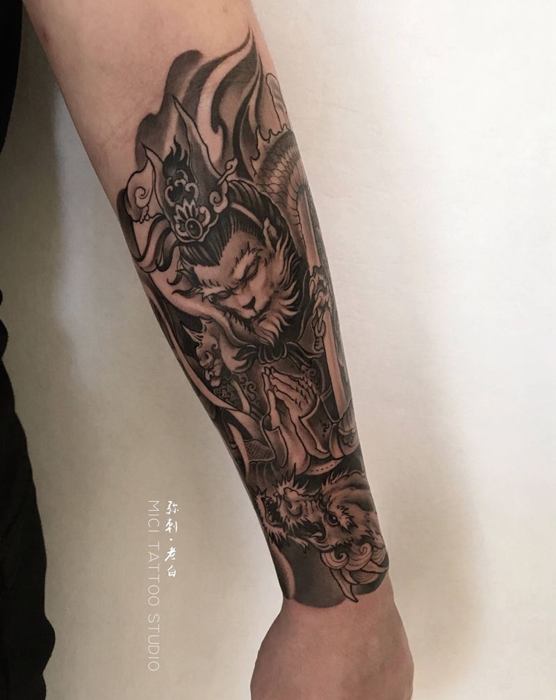 悟空纹身图片_手臂新传统悟空齐天大圣大圣纹身图案