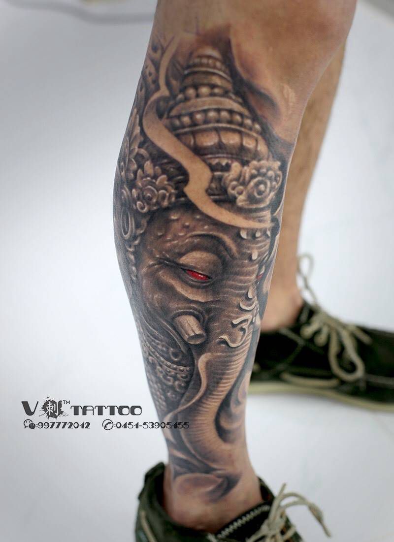 全是象！纹身图片_成品腿部欧美写实哈尔滨哈尔滨V刺阿V象神动物宗教纹身图案
