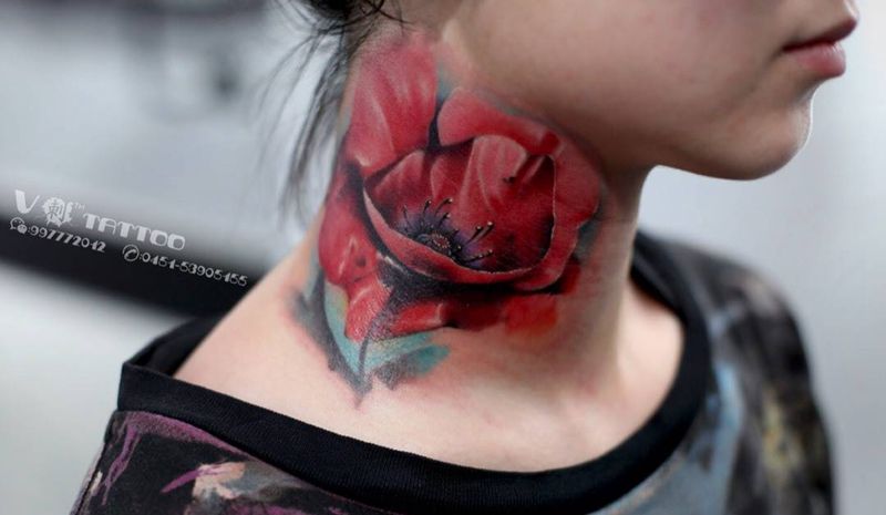 罂粟花纹身图片_成品颈部写实植物哈尔滨哈尔滨V刺阿V3D纹身图案