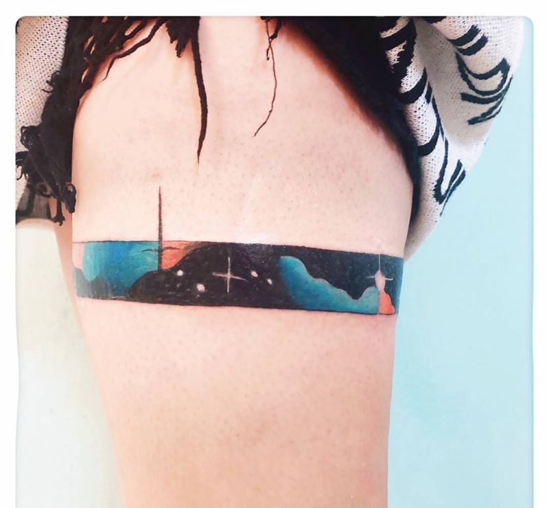 手绘腿环纹身图片_腿部水彩纹身图案