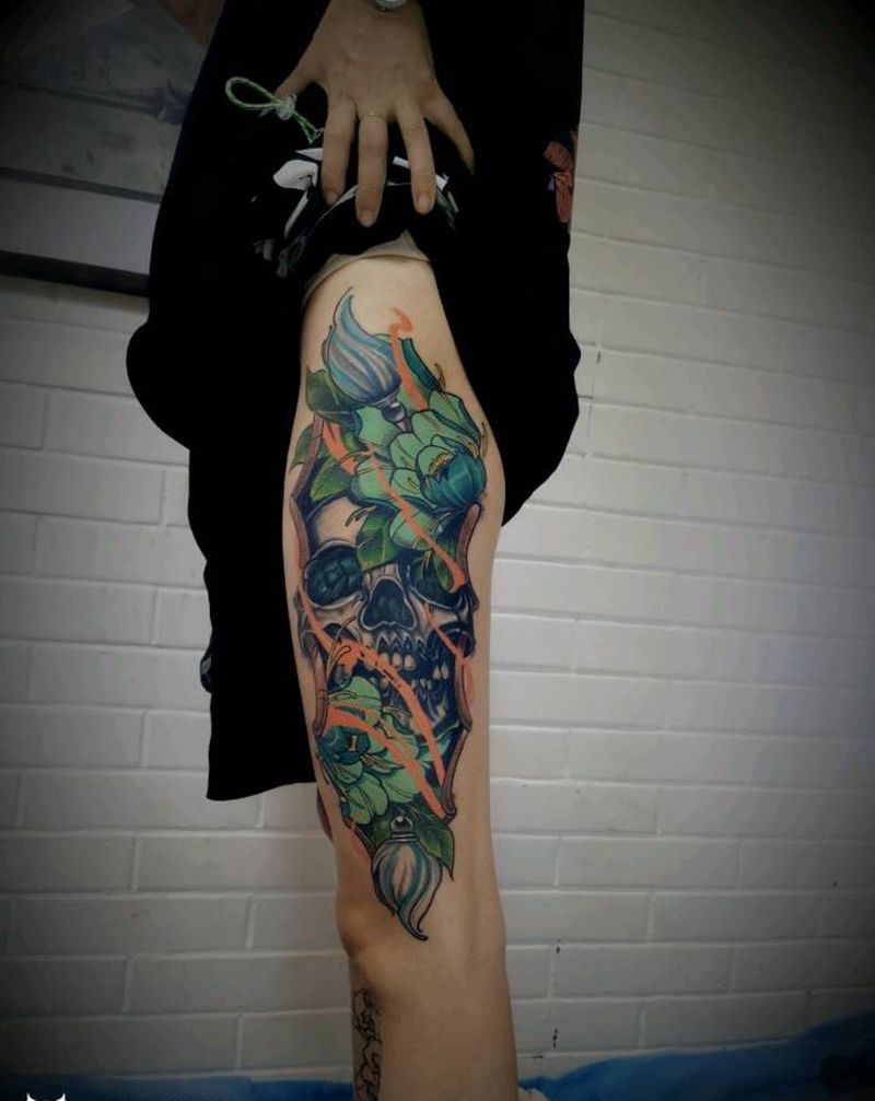 骷髅纹身图片_腿部New School纹身图案