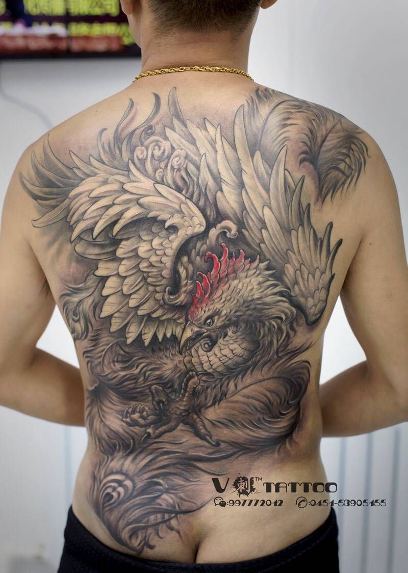 一点红！纹身图片_背部传统动物哈尔滨哈尔滨V刺阿V凤凰满背纹身图案