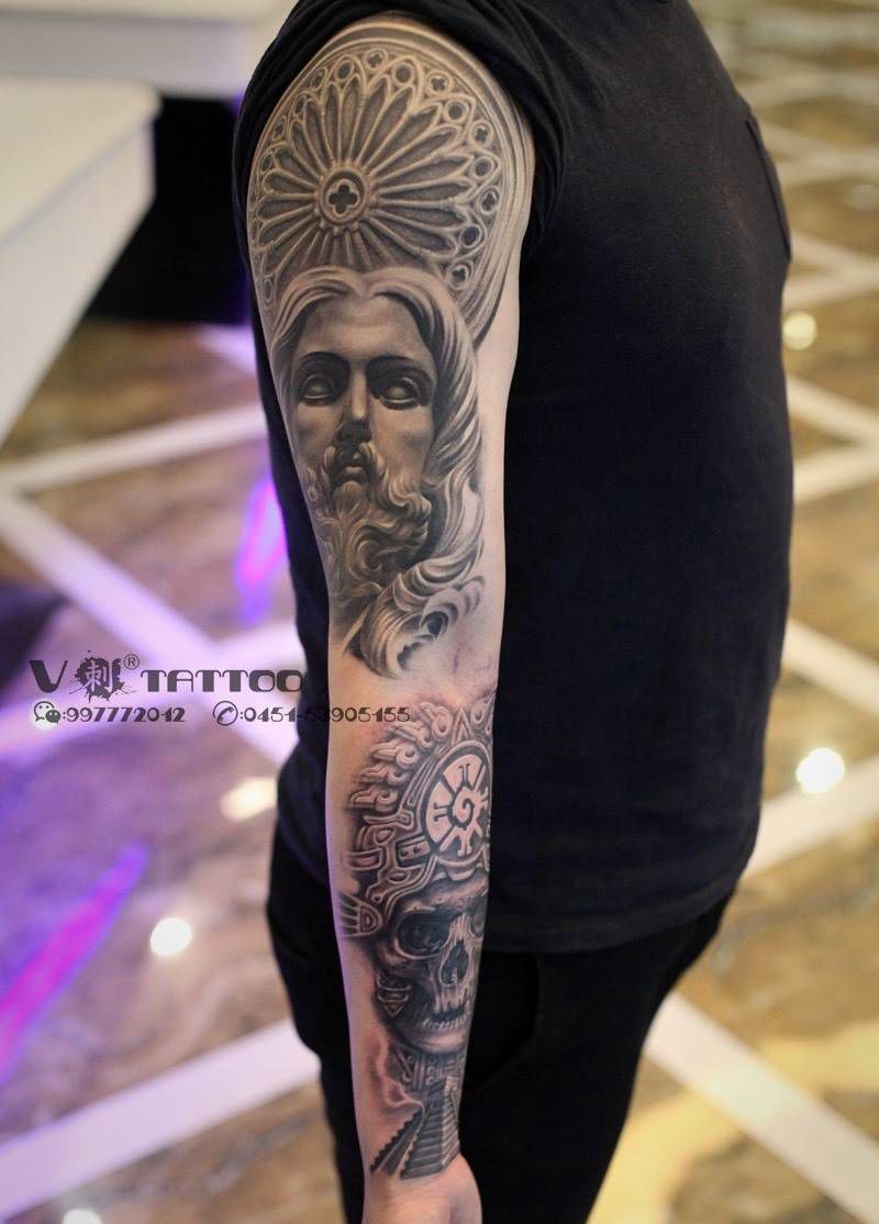灵与肉的结构！花臂未完…纹身图片_成品手臂欧美阿V作品哈尔滨V刺肖像王子建筑欧美花臂耶稣纹身图案