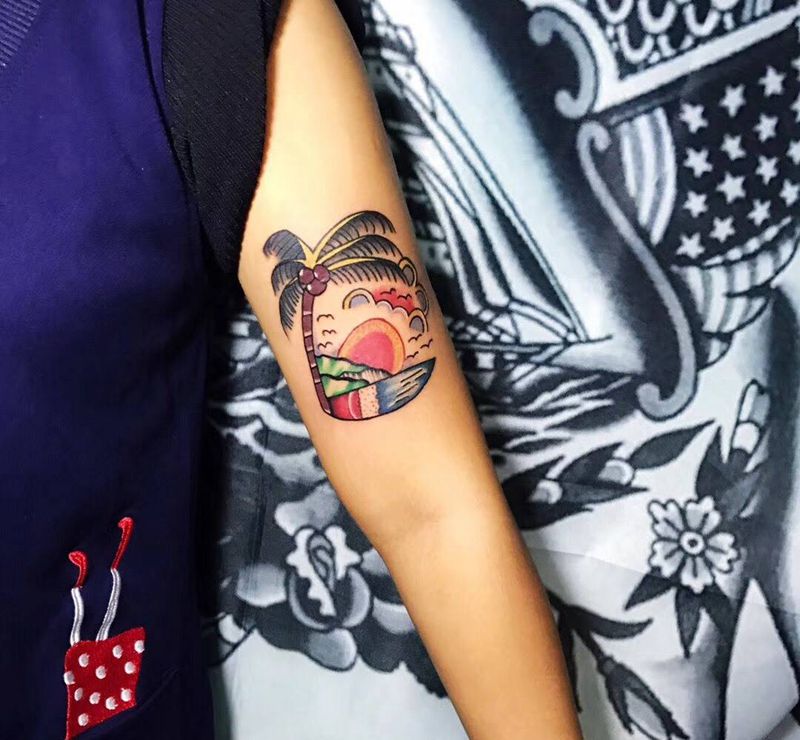 old school纹身图片_成品手臂欧美风景纹身图案