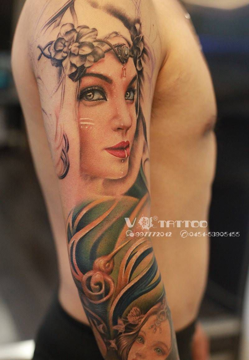 肖像花臂！纹身图片_阿V作品花臂哈尔滨V刺肖像王子人物肖像3D写实纹身图案