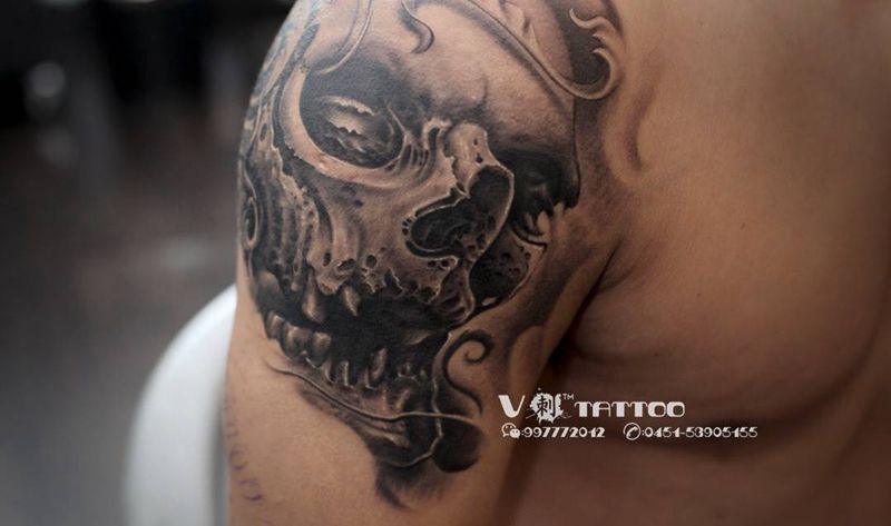 花臂未完成…纹身图片_成品花臂阿V作品哈尔滨骷髅骷髅纹身图案