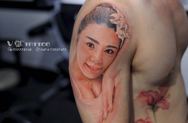 如果生命是一场电影，我将永远扮演爱你的纹身图片_成品手臂写实肖像人物哈尔滨哈尔滨V刺阿V纹身图案