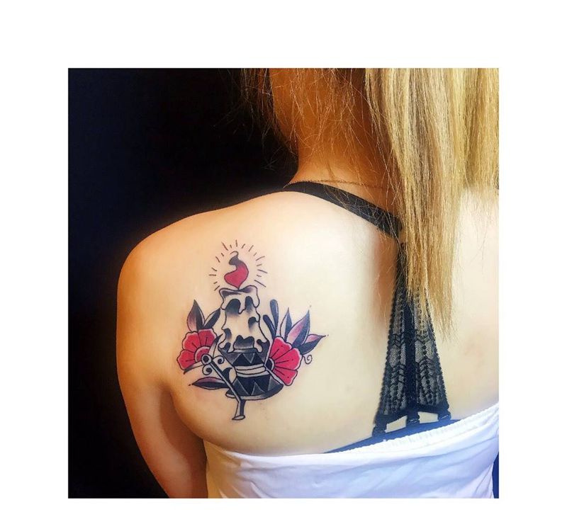 old school#candle纹身图片_成品肩部欧美静物纹身图案