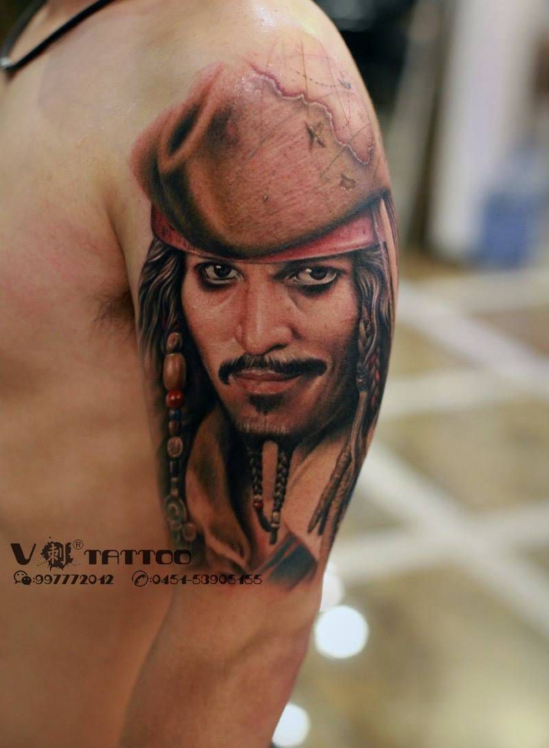 又见德普！纹身图片_肖像写实人物阿V作品哈尔滨V刺肖像王子写实人物肖像纹身图案