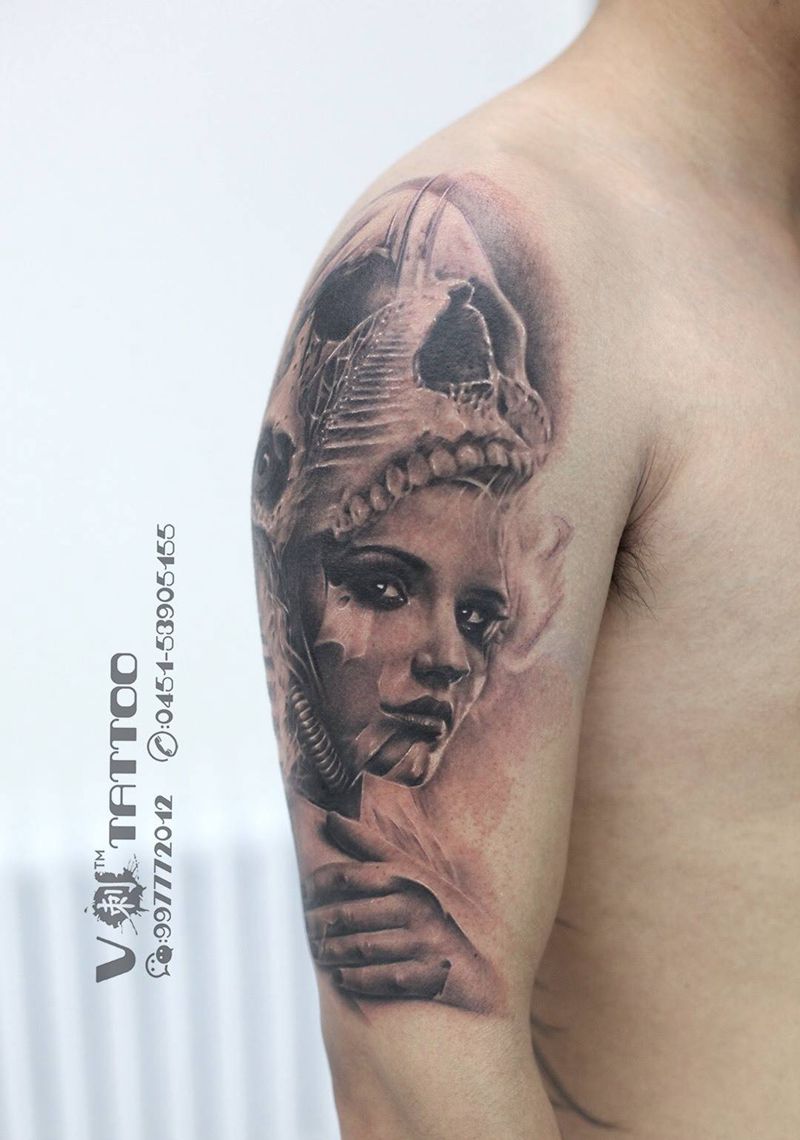 招摇过市！纹身图片_成品手臂肖像欧美写实人物阿V作品哈尔滨V刺肖像王子纹身图案