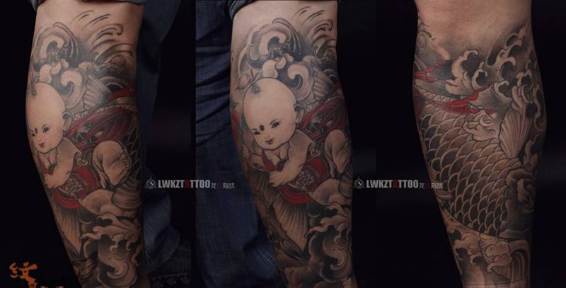 传统纹身图片_成品腿部传统人物动物纹身图案