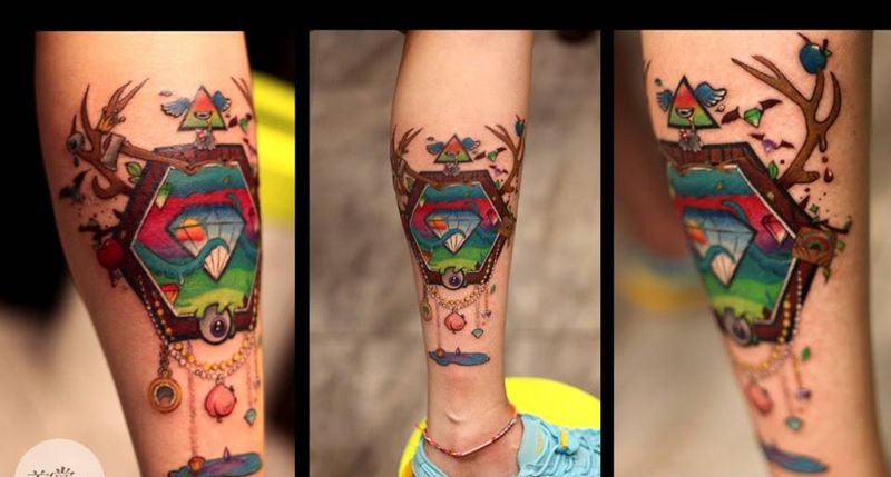 涂鸦风格纹身图片_清新几何原创腿部纹身图案