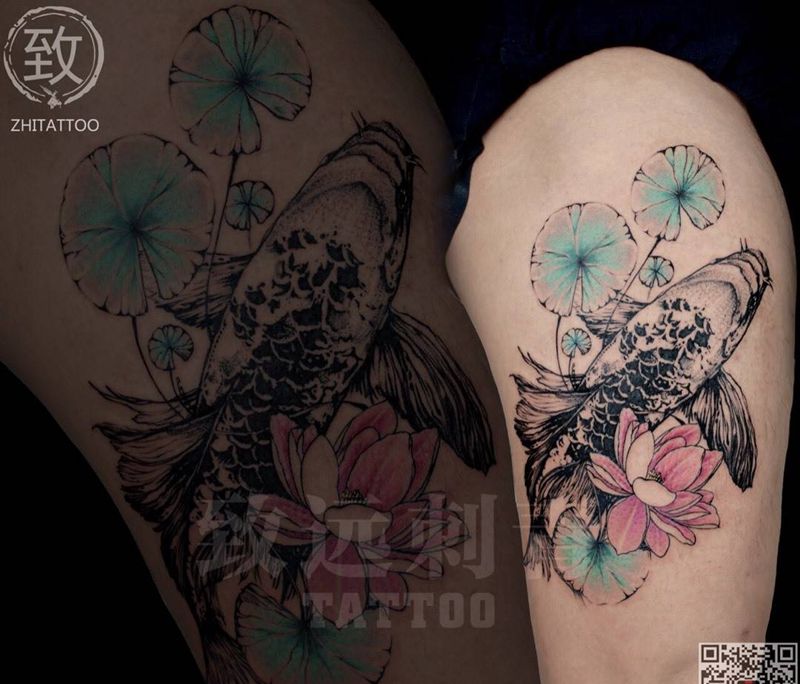 锦鲤纹身图片_成品腿部传统清新动物原创纹身图案