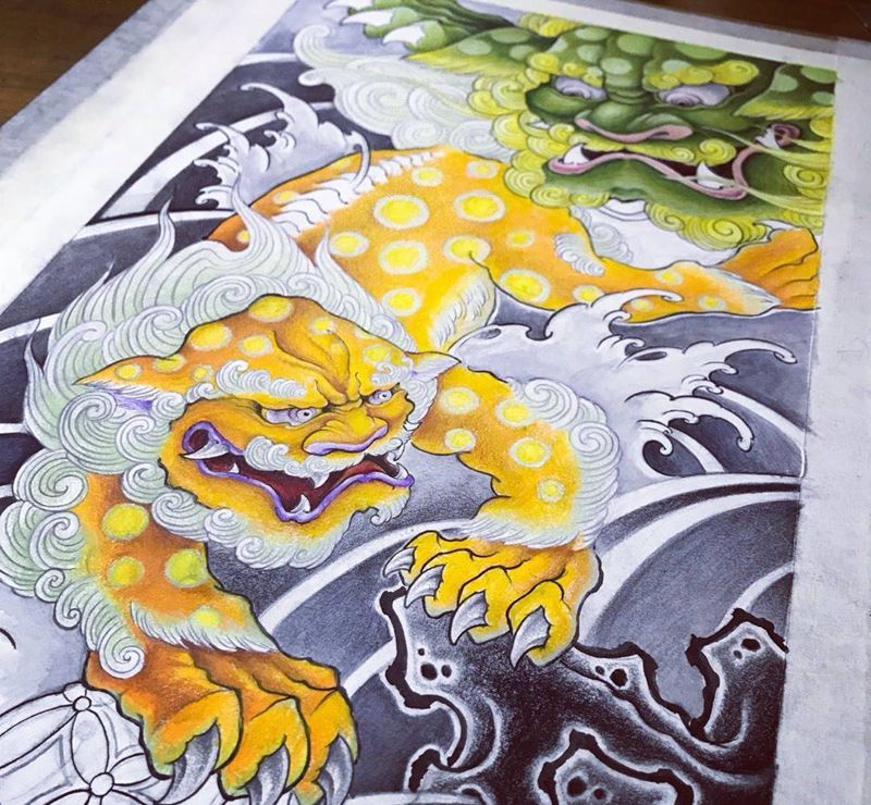 唐狮纹身图片_原创手稿传统纹身图案