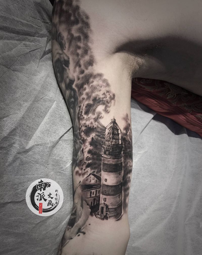 灯塔纹身图片_手臂欧美写实纹身图案