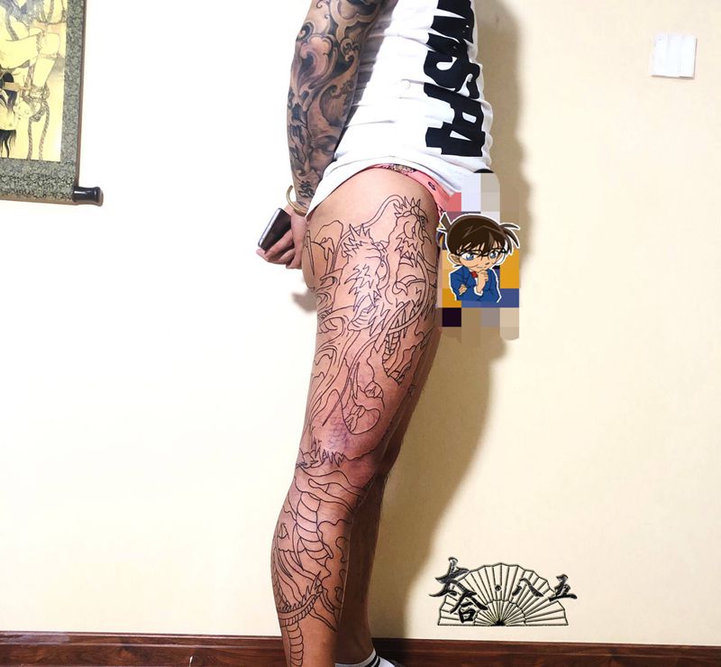 日式花腿 龙纹身图片_腿部老传统日式龙纹身图案