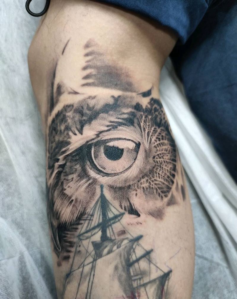 猫头鹰添加纹身图片_腿部欧美写实纹身图案