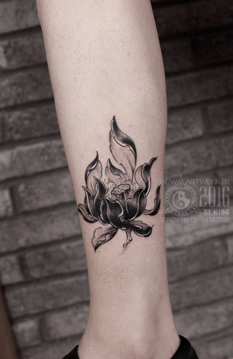 龙纹刻战刺青工作室出品纹身图片_成品腿部原创植物传统纹身图案