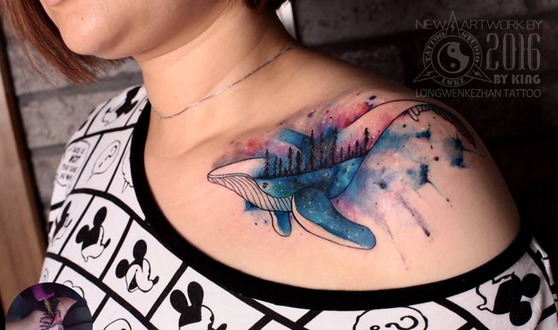 龙纹刻战刺青工作室出品纹身图片_成品肩部原创植物动物清新纹身图案