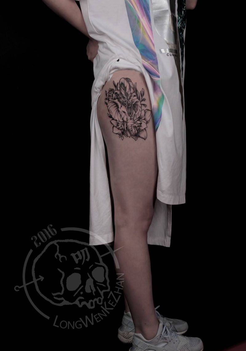 龙纹刻战刺青出品纹身图片_成品腿部植物动物纹身图案