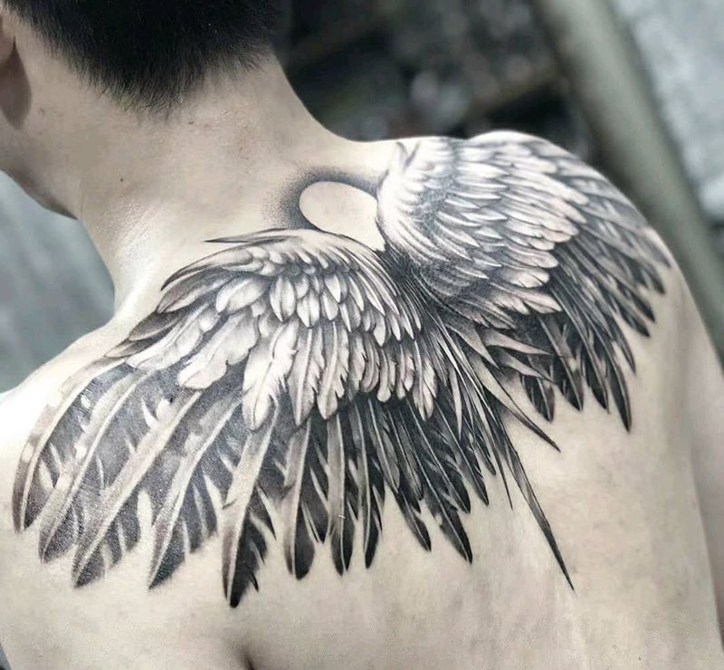 翅膀纹身图片_背部欧美写实花体字纹身图案