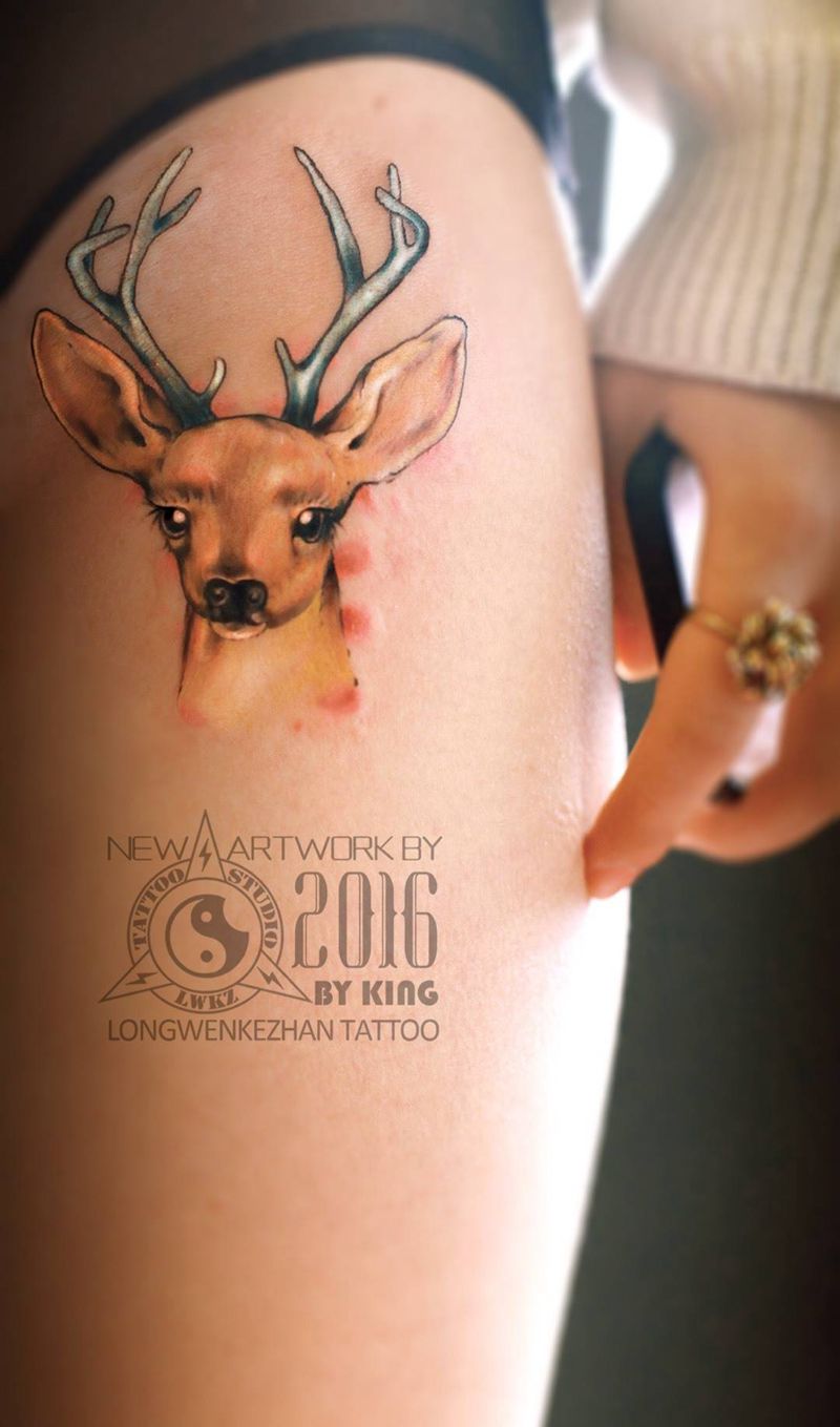 龙纹刻战刺青工作室出品纹身图片_成品腿部清新动物纹身图案