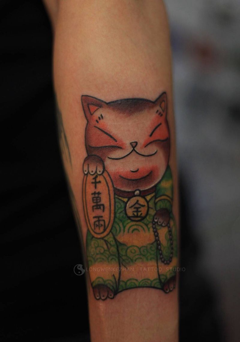 招财猫纹身图片_成品手臂纹身图案