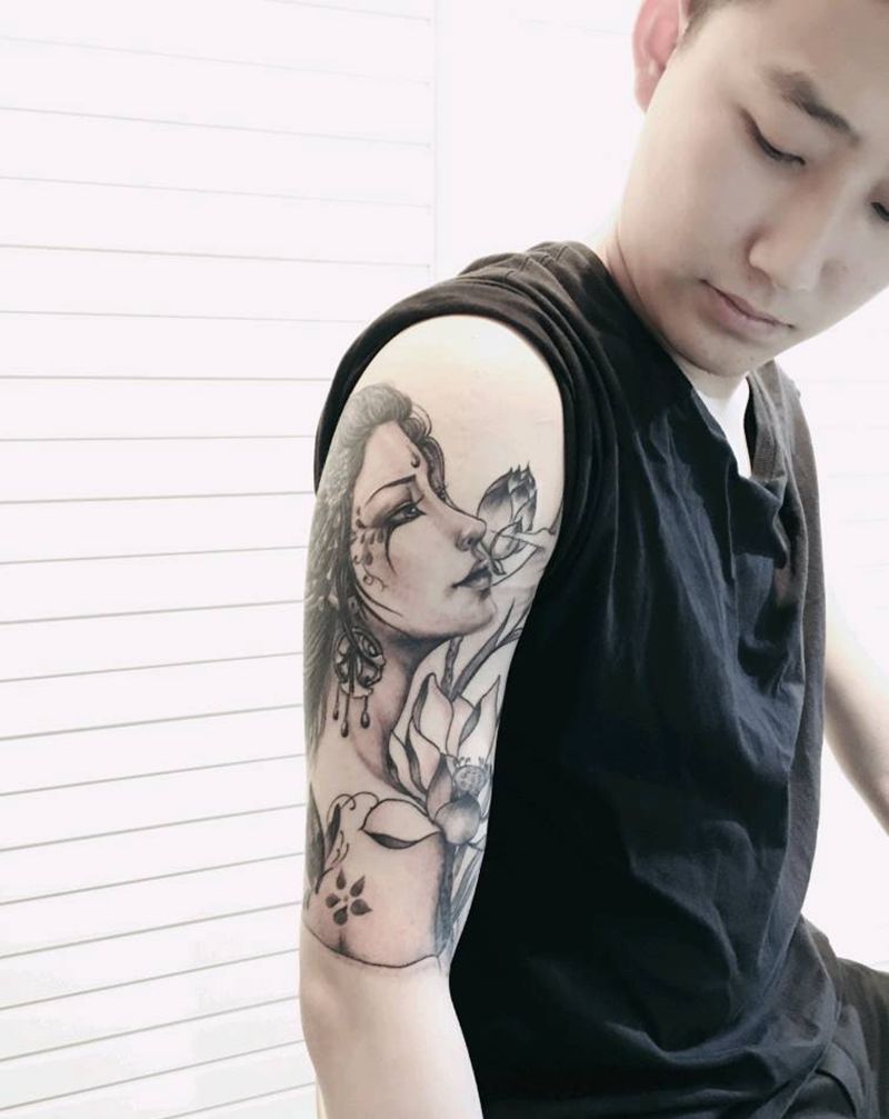 明月艺妓 艺姬纹身图片_肩部手臂传统肖像人物成品纹身图案