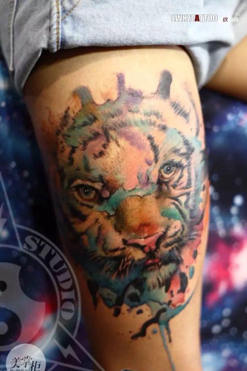 彩色水墨/老虎纹身图片_国画动物原创腿部纹身图案