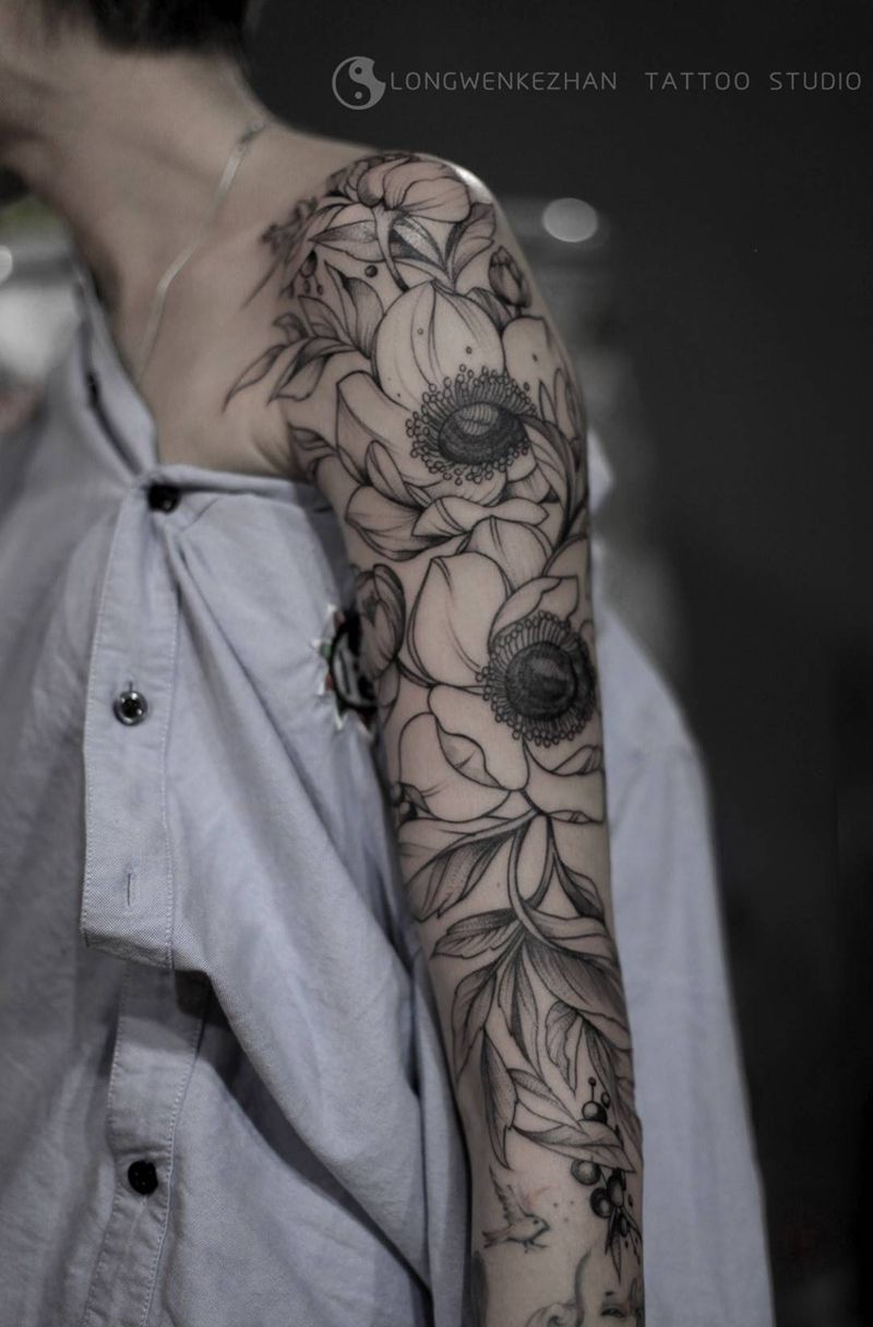 简单花臂纹身图片_成品手臂清新植物纹身图案