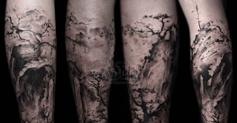 龙纹刻战刺青工作室出品纹身图片_成品腿部写实植物原创纹身图案