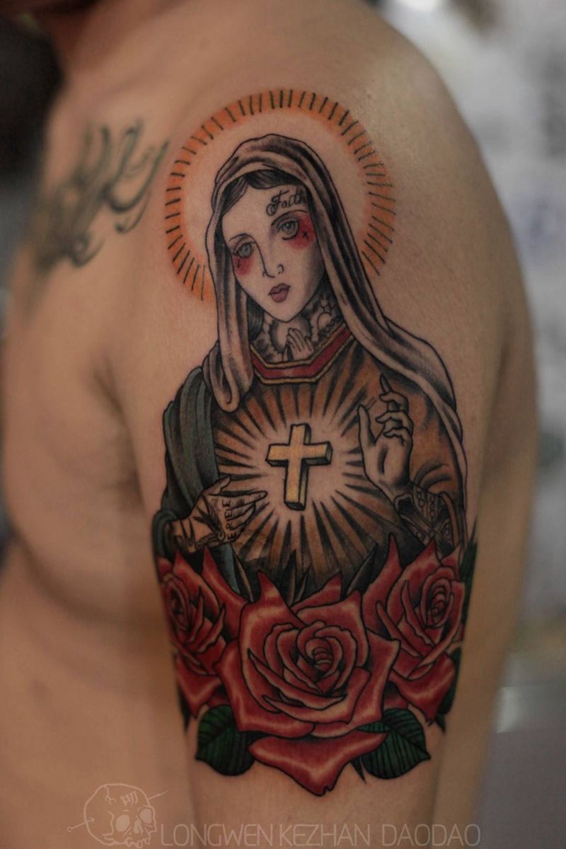 圣母纹身图片_成品手臂纹身图案