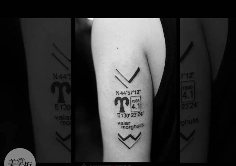 经纬度纹身图片_几何原创字符清新手臂纹身图案