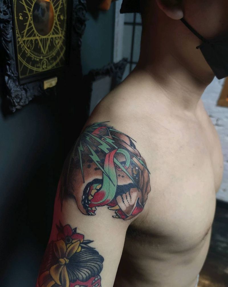 school 闪电豹纹身图片_肩部New School纹身图案