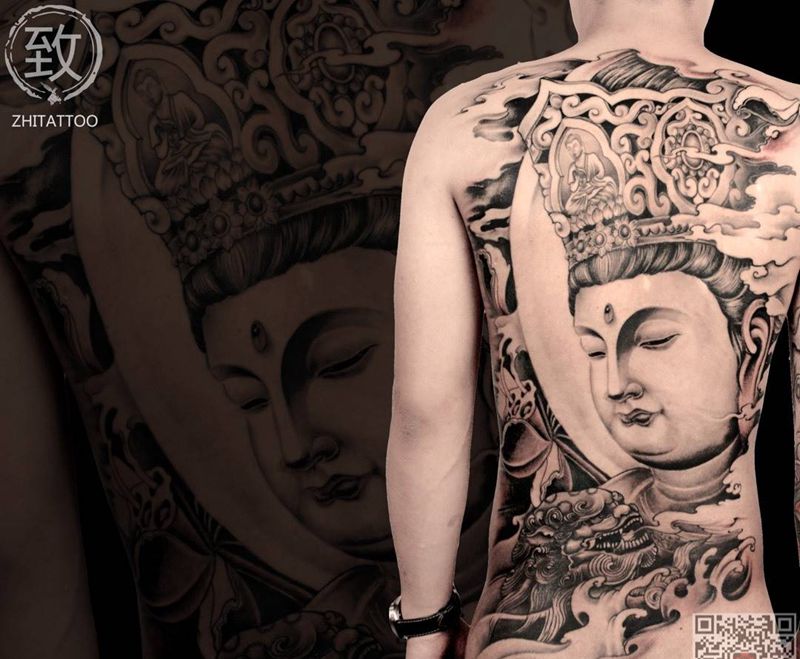 文殊菩萨纹身图片_成品臀部背部肩部颈部传统鬼神宗教原创人物纹身图案