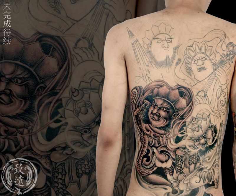 四大天王满背纹身图片_成品背部臀部传统人物鬼神原创纹身图案