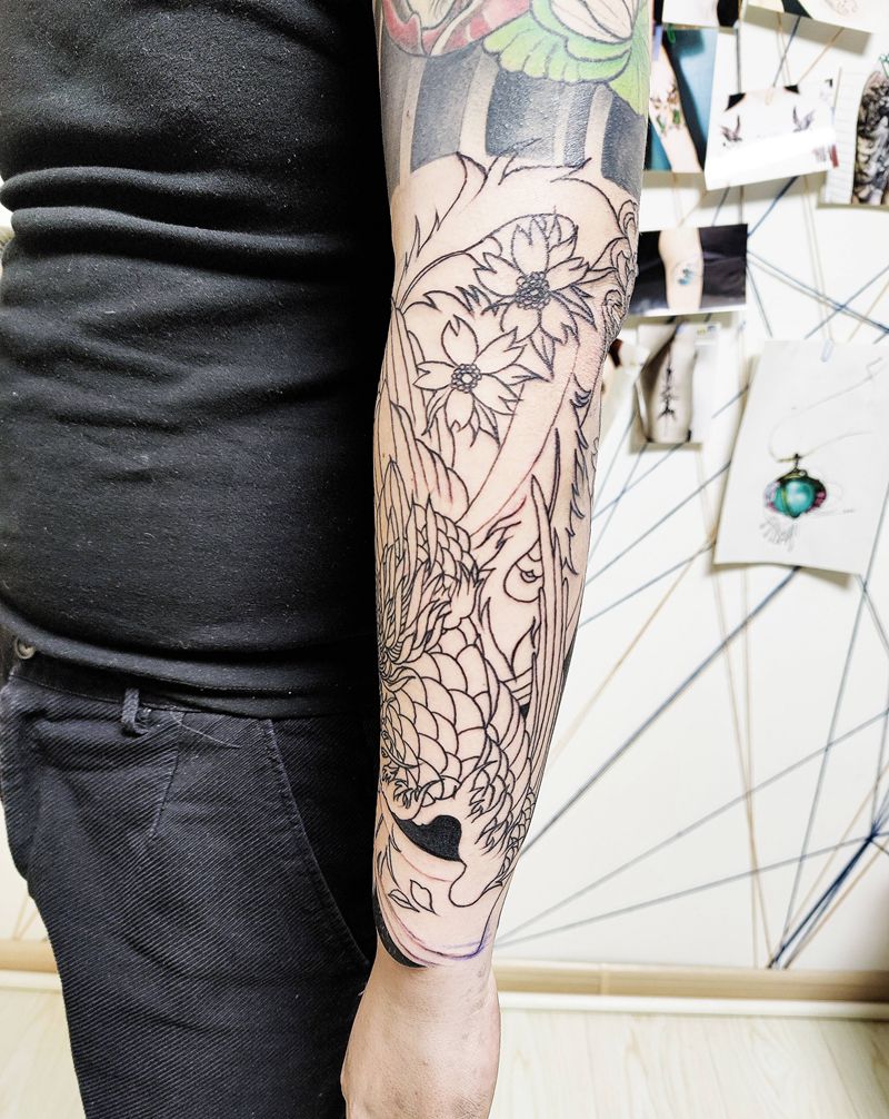 凤凰-割线（未完成）纹身图片_手臂老传统新传统凤凰菊花纹身图案